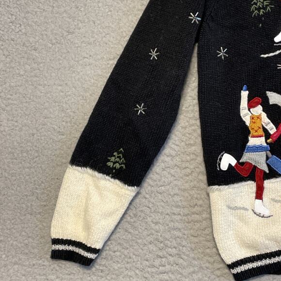 All Points Cardigan Sweater Size S Black & White W/ Embroidered Ice Skaters - Picture 4 of 15